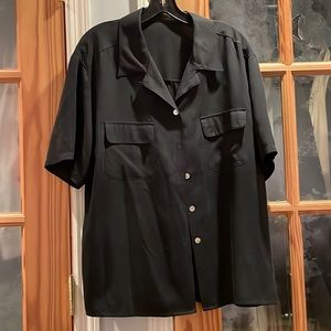 Woman’s Black Silky Short Sleeve Button down Shirt with Pockets